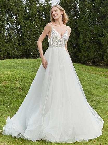 Thin shoulder strap pleated backless A-line bridal gown