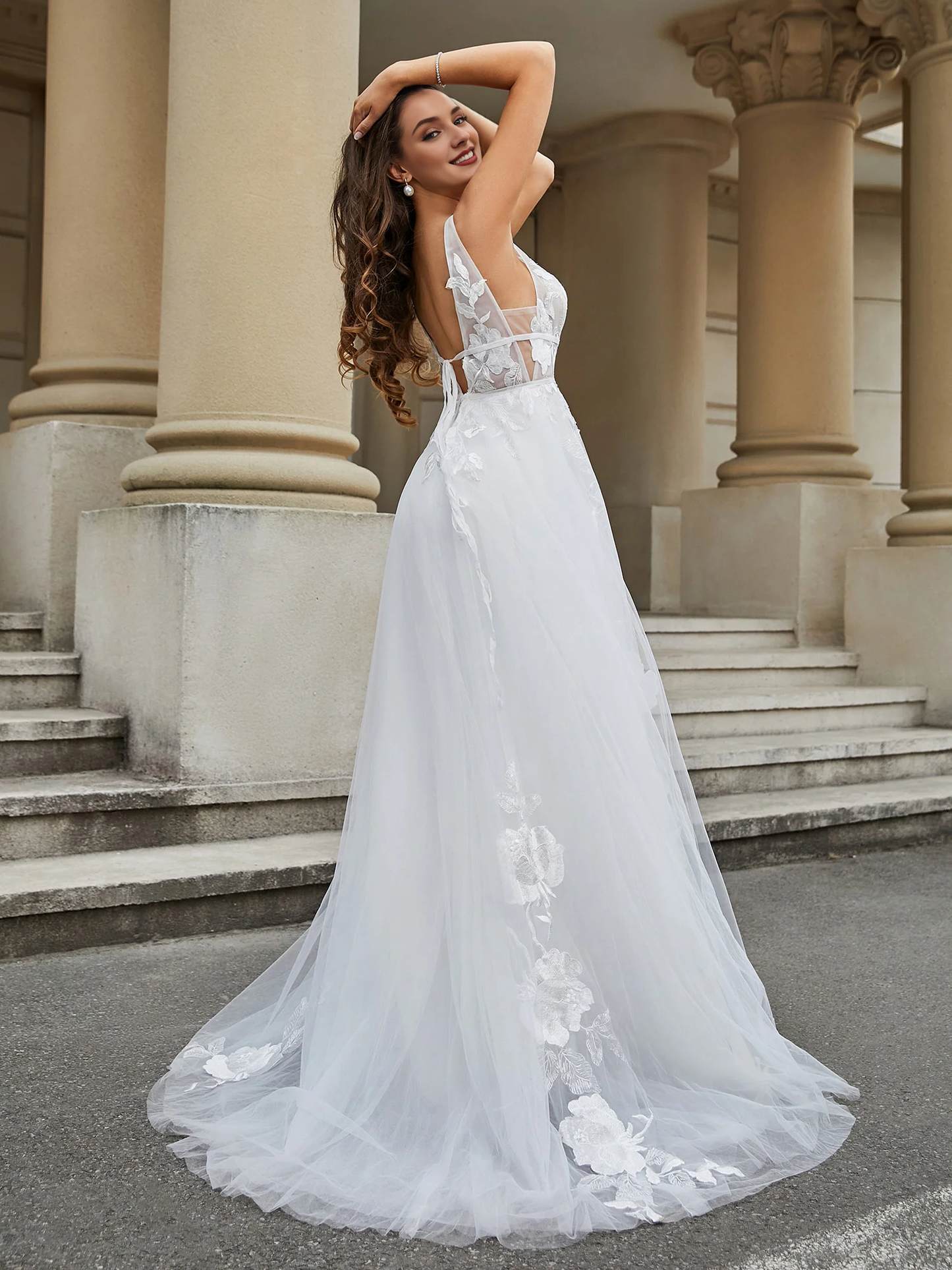 V-neck lace applique chiffon wedding dress