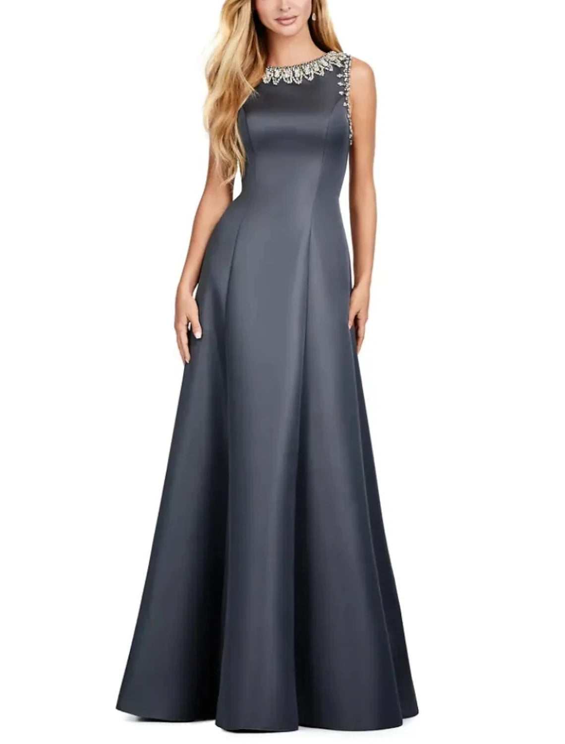 Two Piece A-Line Mother of the Bride Dress Wedding Guest Elegant Scoop Neck Floor Length Satin Sleeveless with Crystals Ruching