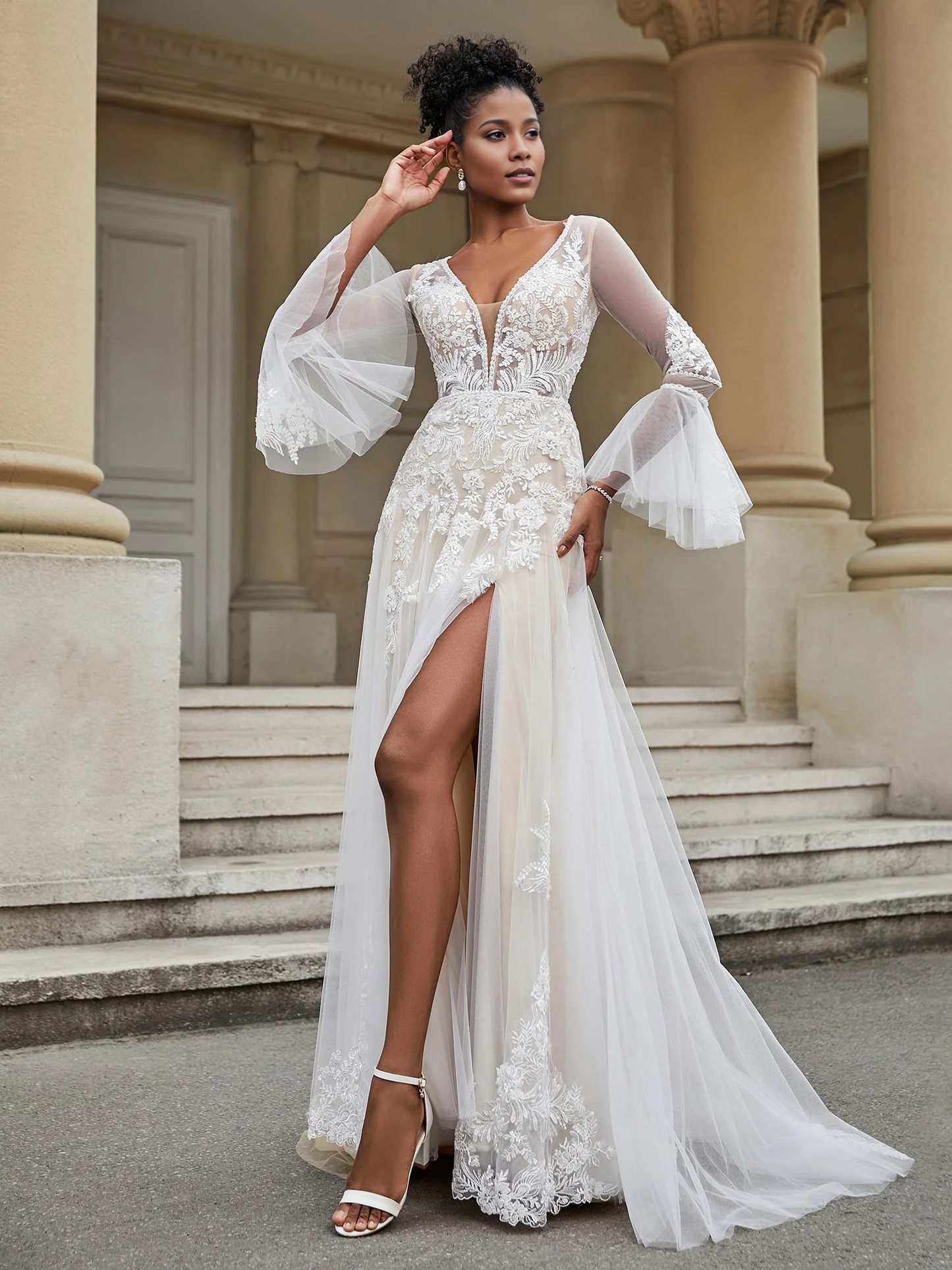 V-neck A-line lace chiffon wedding dress