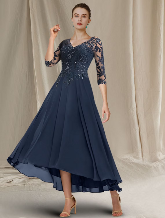 A-Line Mother of the Bride Dress Elegant Sparkle Shine High Low V Neck Asymmetrical Chiffon Lace Half Sleeve with Sequin Ruffles Appliques