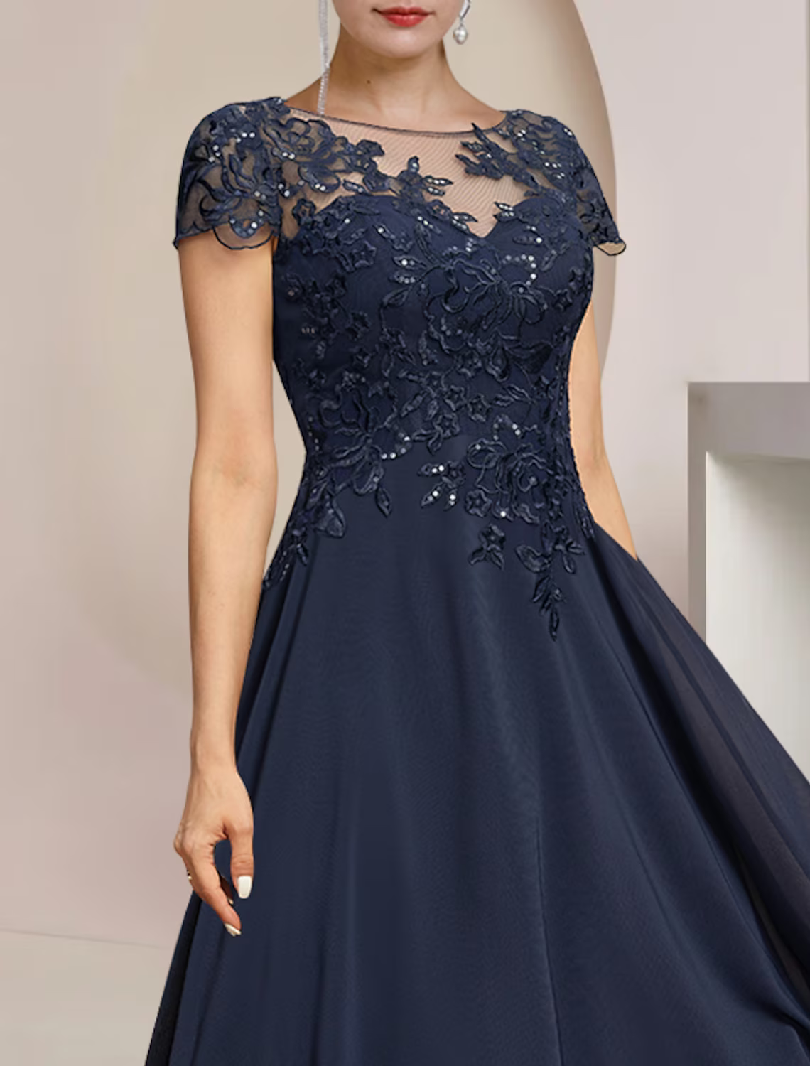 A-Line Mother of the Bride Dress Formal Wedding Guest Elegant High Low Scoop Neck Asymmetrical Chiffon Lace Short Sleeve with Sequin Appliques