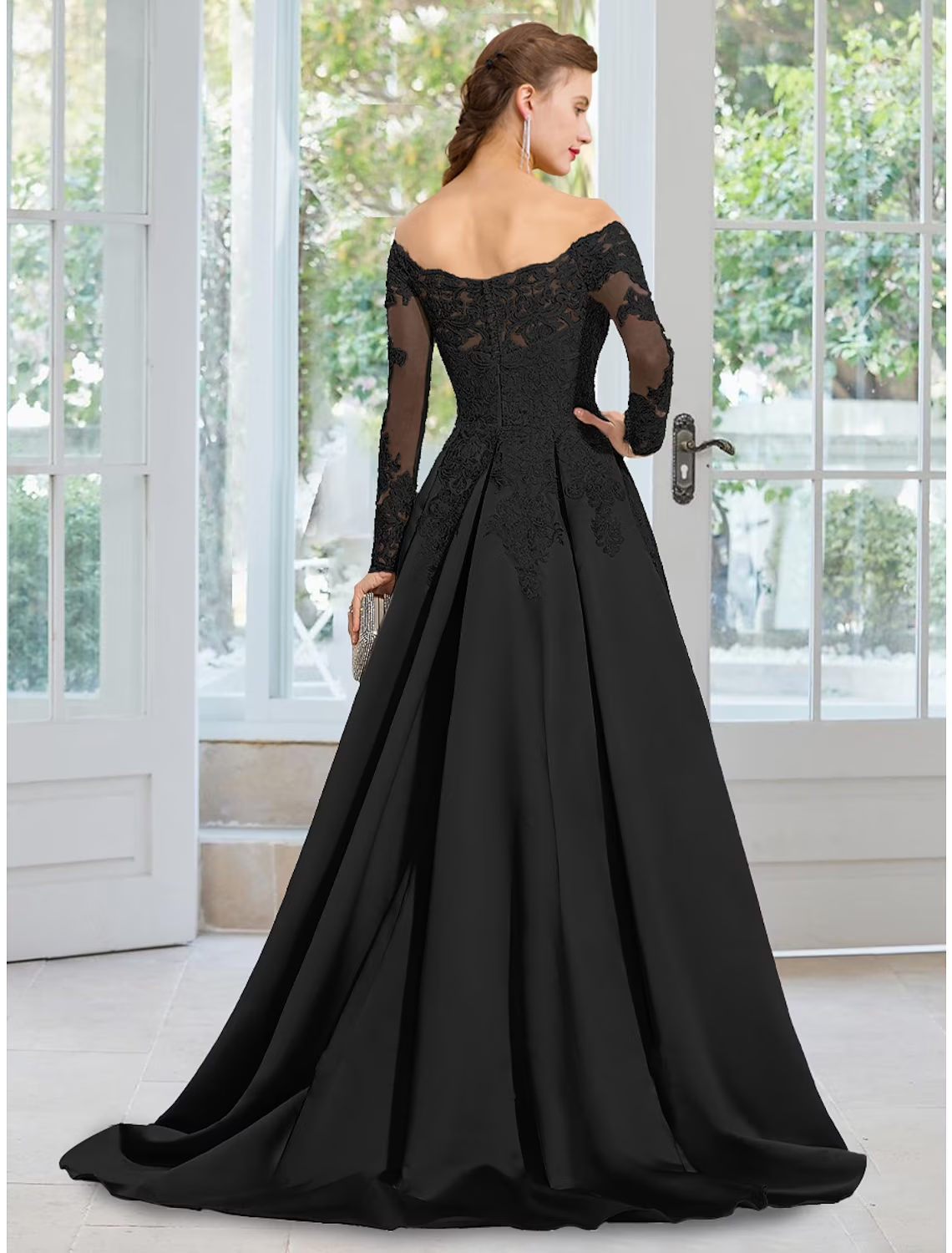 A-Line Evening Gown Black Dress Formal Court Train Long Sleeve Off Shoulder Lace with Appliques