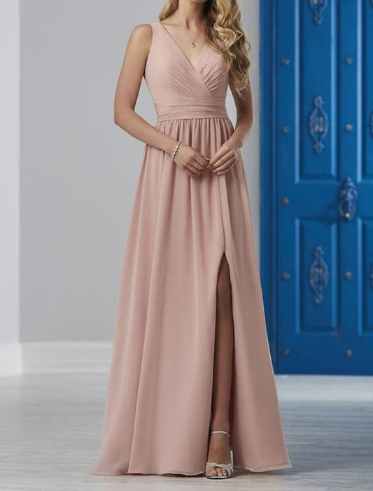 A-Line Bridesmaid Dress V Neck Sleeveless Pink Floor Length Chiffon / Shantung / Imitated Silk with Pleats / Crystals / Draping