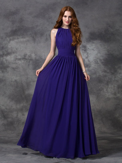 A-line/Princess Jewel Ruched Sleeveless Long Chiffon Bridesmaid Dresses