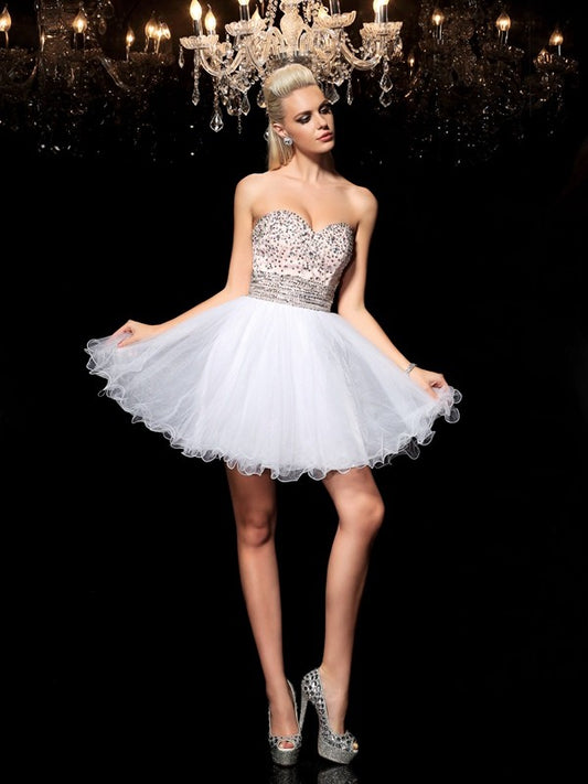 A-Line/Princess Sweetheart Beading Sleeveless Short Net Cocktail Dresses