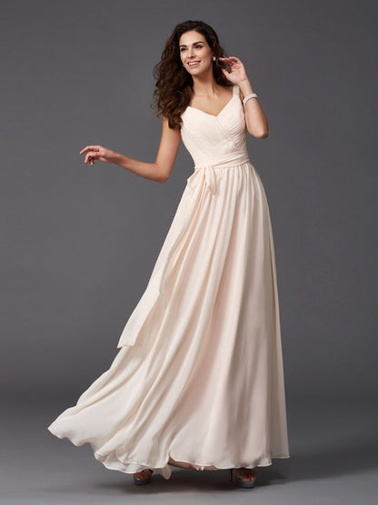 A-Line/Princess Straps Sash/Ribbon/Belt Sleeveless Long Chiffon Bridesmaid Dresses