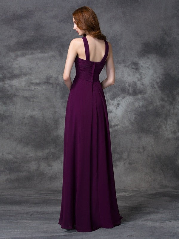 A-line/Princess Straps Ruched Sleeveless Long Chiffon Bridesmaid Dresses