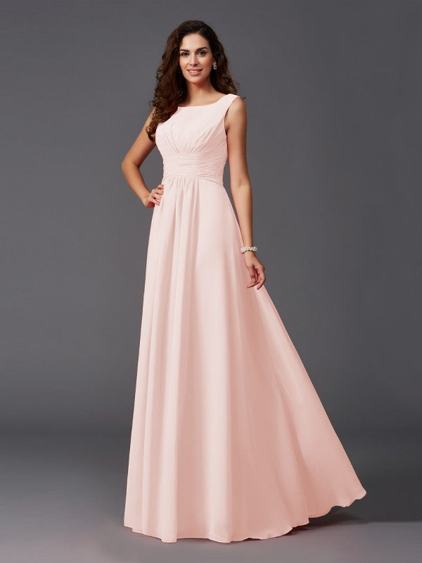 A-Line/Princess Scoop Ruffles Sleeveless Long Chiffon Bridesmaid Dresses