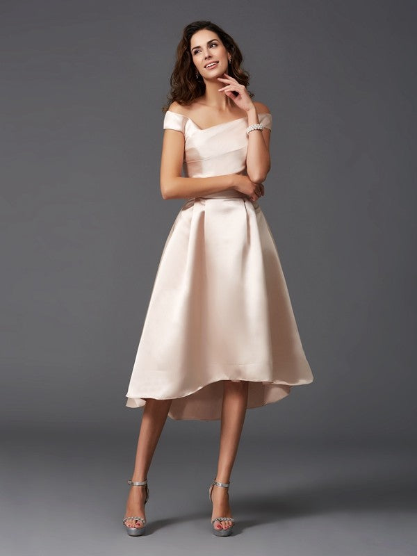 A-Line/Princess Off-the-Shoulder Sleeveless High Low Satin Bridesmaid Dresses