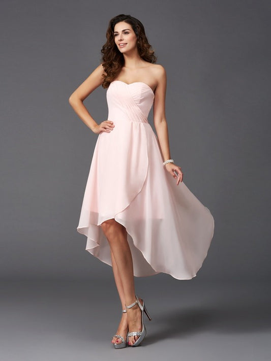 A-Line/Princess Sweetheart Ruffles Sleeveless High Low Chiffon Bridesmaid Dresses