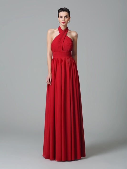 A-Line/Princess Halter Ruffles Sleeveless Long Chiffon Bridesmaid Dresses