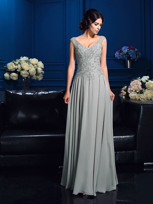 A-Line Chiffon V-neck Sleeveless Floor-Length With Beading Mother of the Bride Dresses