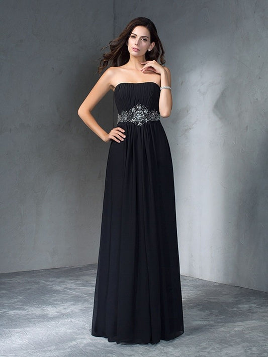 A-Line/Princess Strapless Beading Sleeveless Long Chiffon Dresses