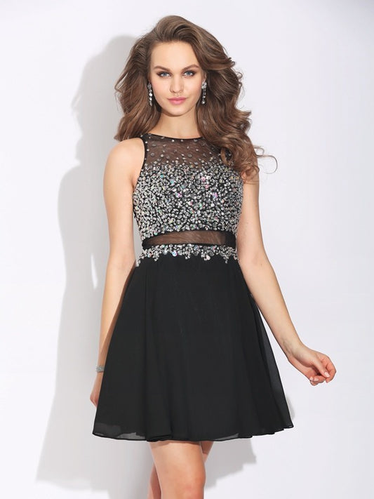 A-Line/Princess Jewel Beading Sleeveless Short Chiffon Dresses