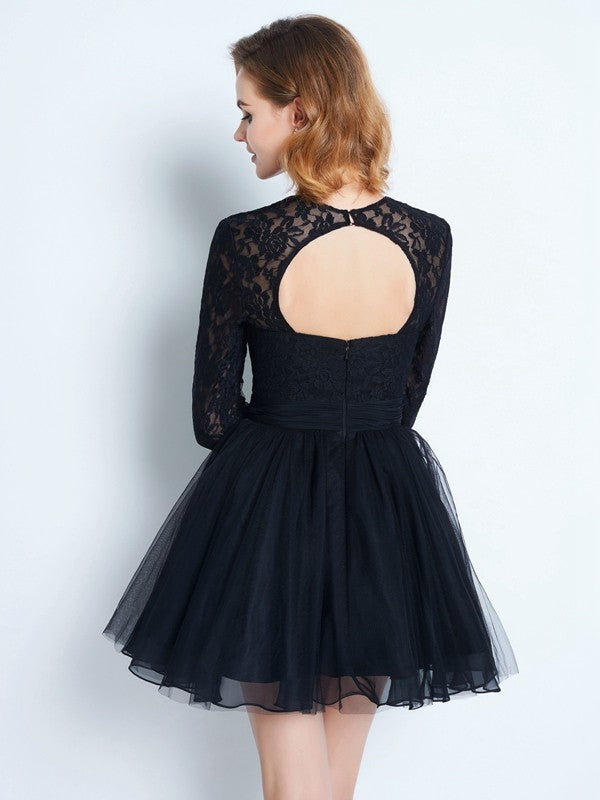 A-Line/Princess High Neck Long Sleeves Lace Short/Mini Net Dresses