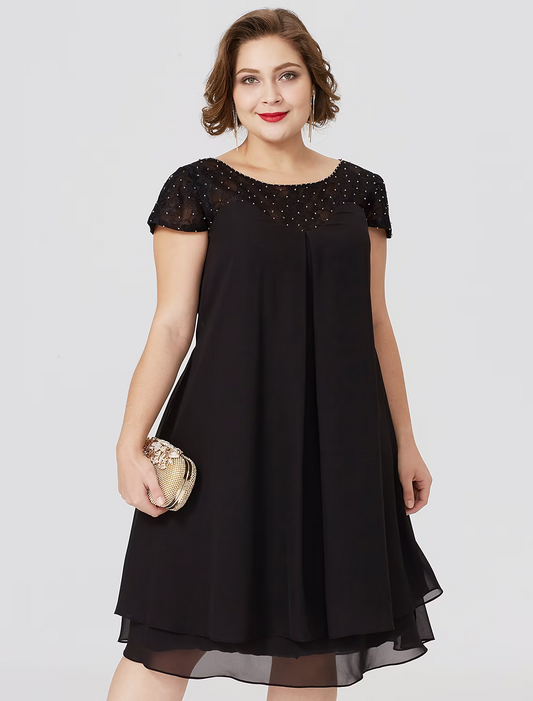 Mother of the Bride Dress Formal Little Black Dress Plus Size Knee Length Chiffon Lace Short Sleeve No with Pleats Beading Lace Insert