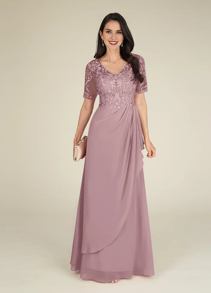 A-neck V-neck lace chiffon and floor length mother of the bride dress