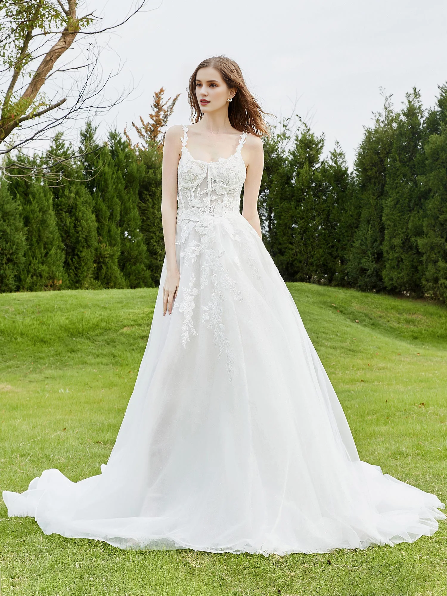 Thin shoulder strap chiffon church trailing wedding dress