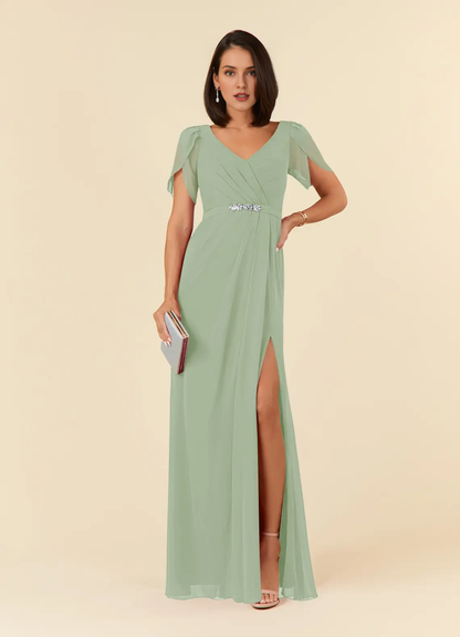 Tight V-neck pleated chiffon mother of the bride dress