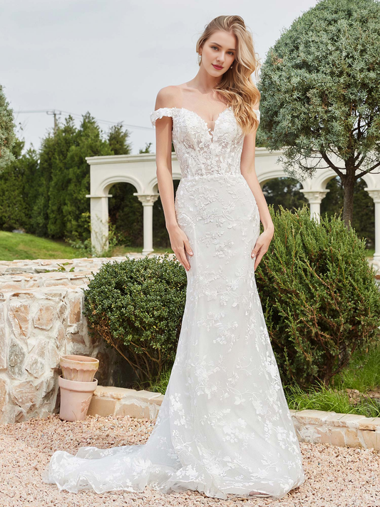 Off shoulder applique tight lace bridal gown