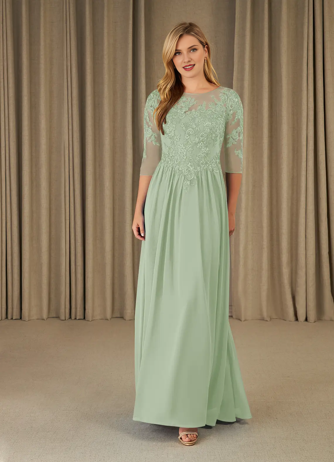 A-shaped spoon lace chiffon and floor length mother of the bride dress