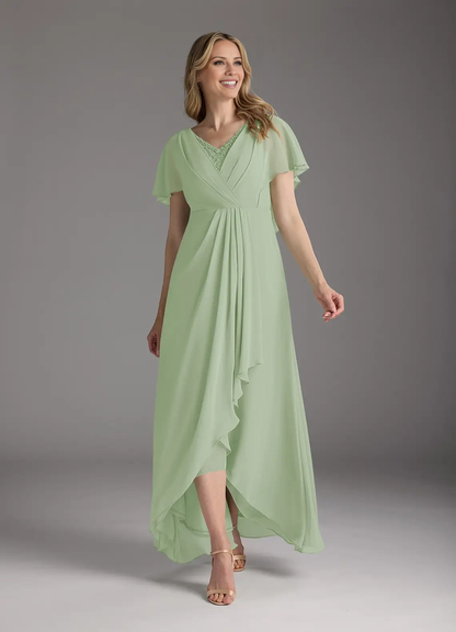 A-line V-neck pleated chiffon and floor length mothers of the bride dresses