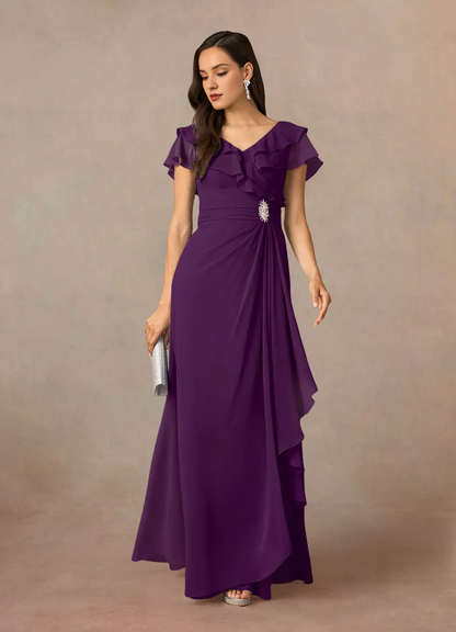 A-link V-neck pleated chiffon and floor length mother of bride dress