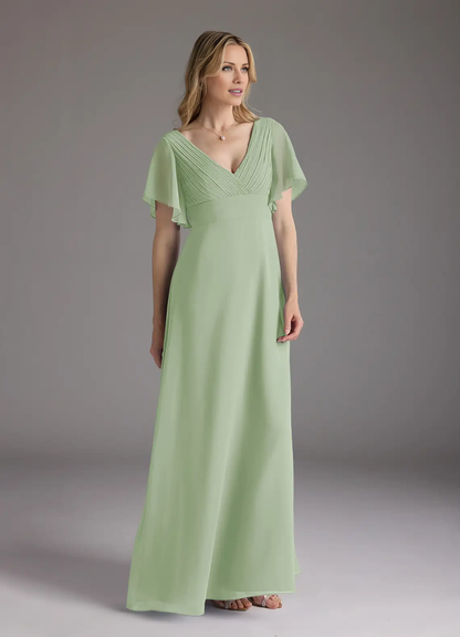 A-line V-neck evening gown pleated chiffon mothers of the bride dresses