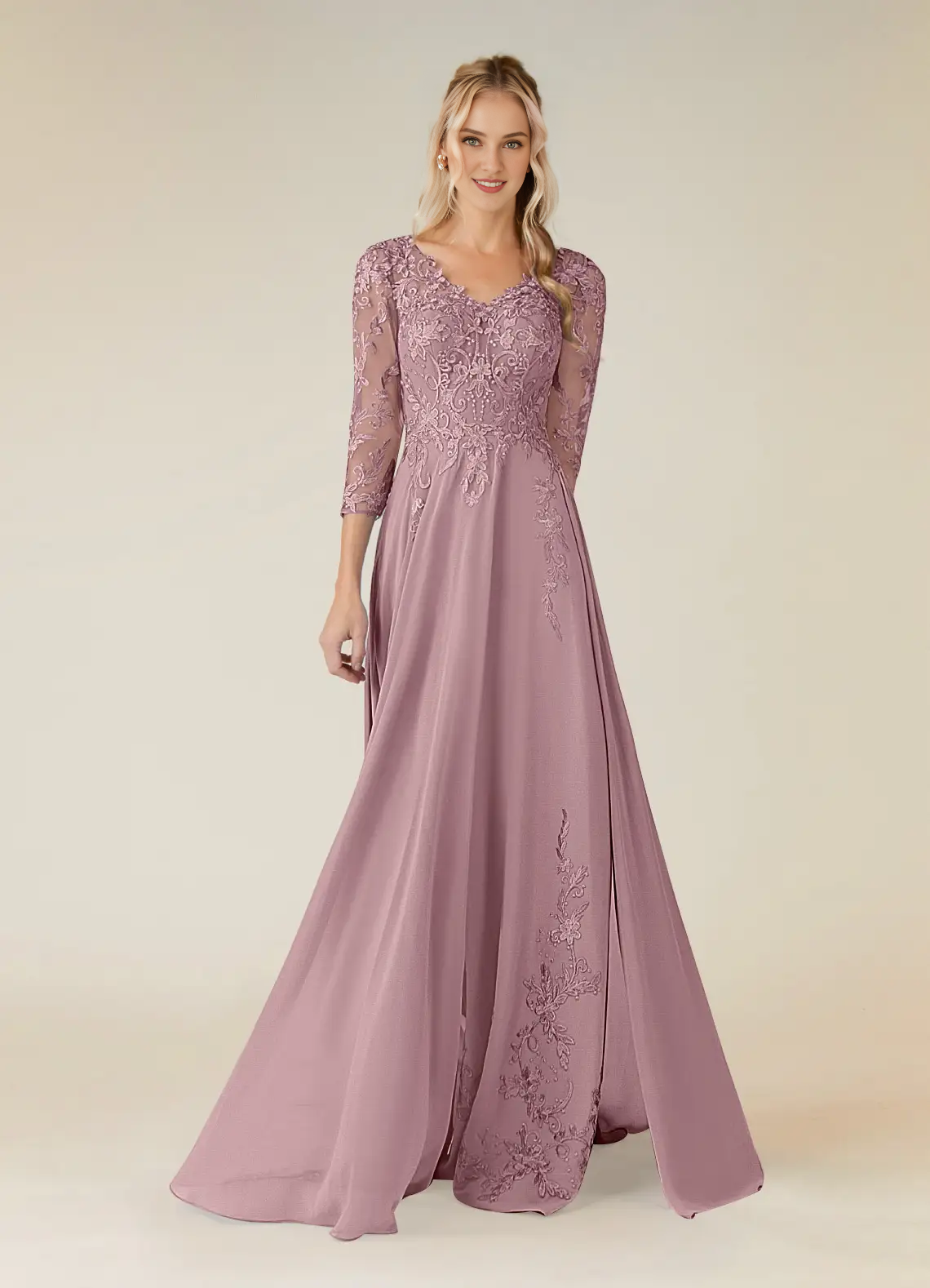 A-line V-neck lace chiffon and floor length mother of the bride dress