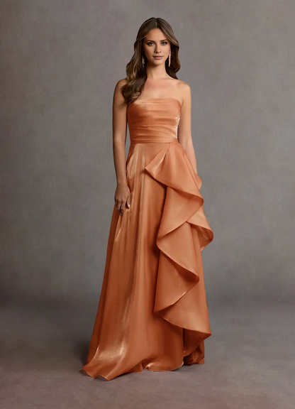 Strapless satin chiffon ruffles and floor length evening gowns