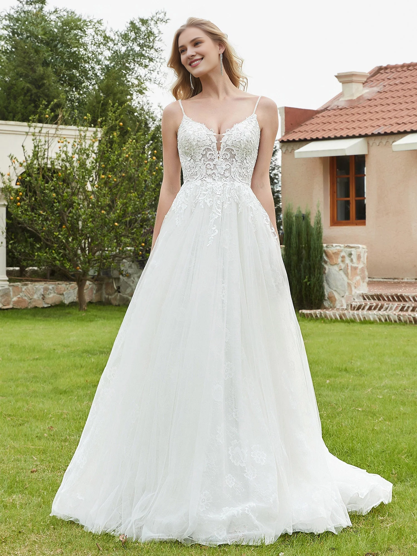 Thin shoulder strap V-neck backless bridal gown