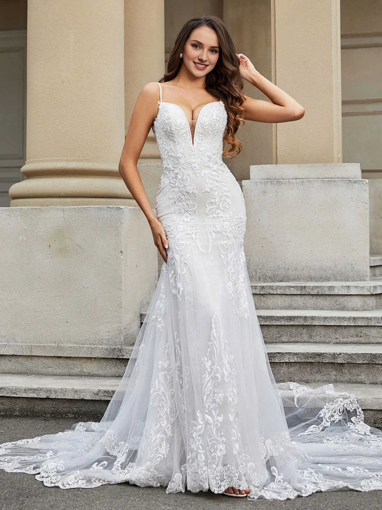 Fish tail lace church trailing wedding dress