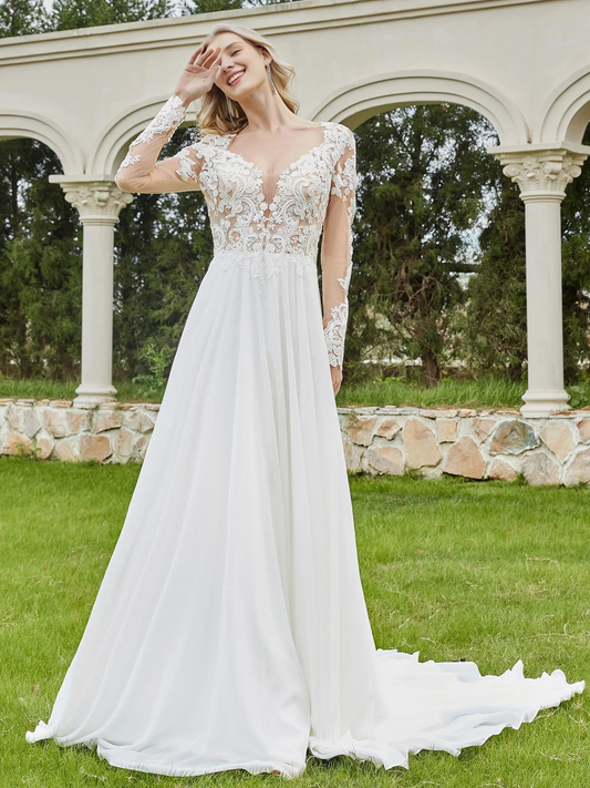 Deep V-neck buttoned church trailing bridal gown