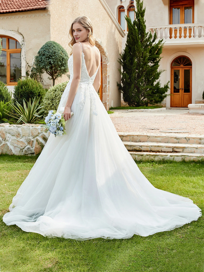 Lace chiffon pleated church trailing wedding dress