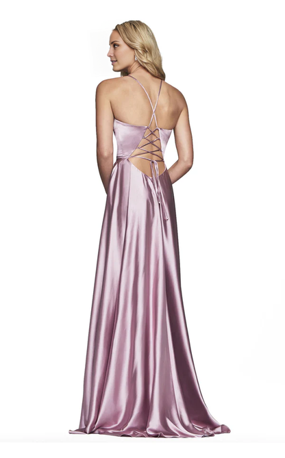 Deep V-neck sleeveless fitted tight corset and floor length evening gown