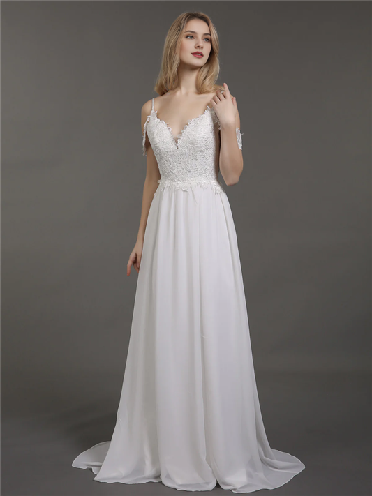 Thin shoulder chiffon minimalist wedding dress