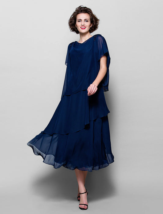 A-Line Mother of the Bride Dress Plus Size Elegant Cowl Neck Tea Length Chiffon Short Sleeve with Ruffles Crystal Brooch