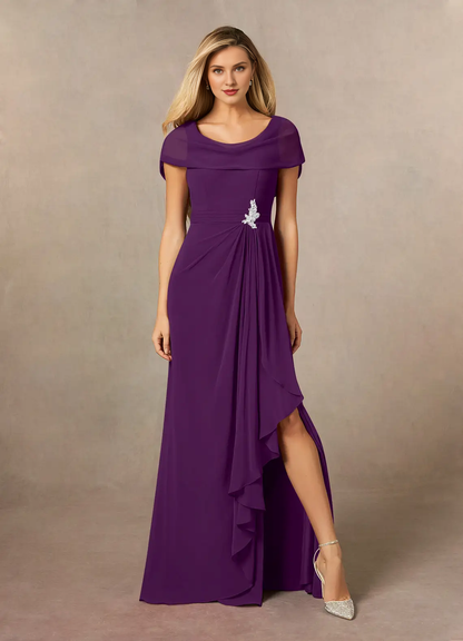 A-line side slit chiffon and floor length mother of the bride dress