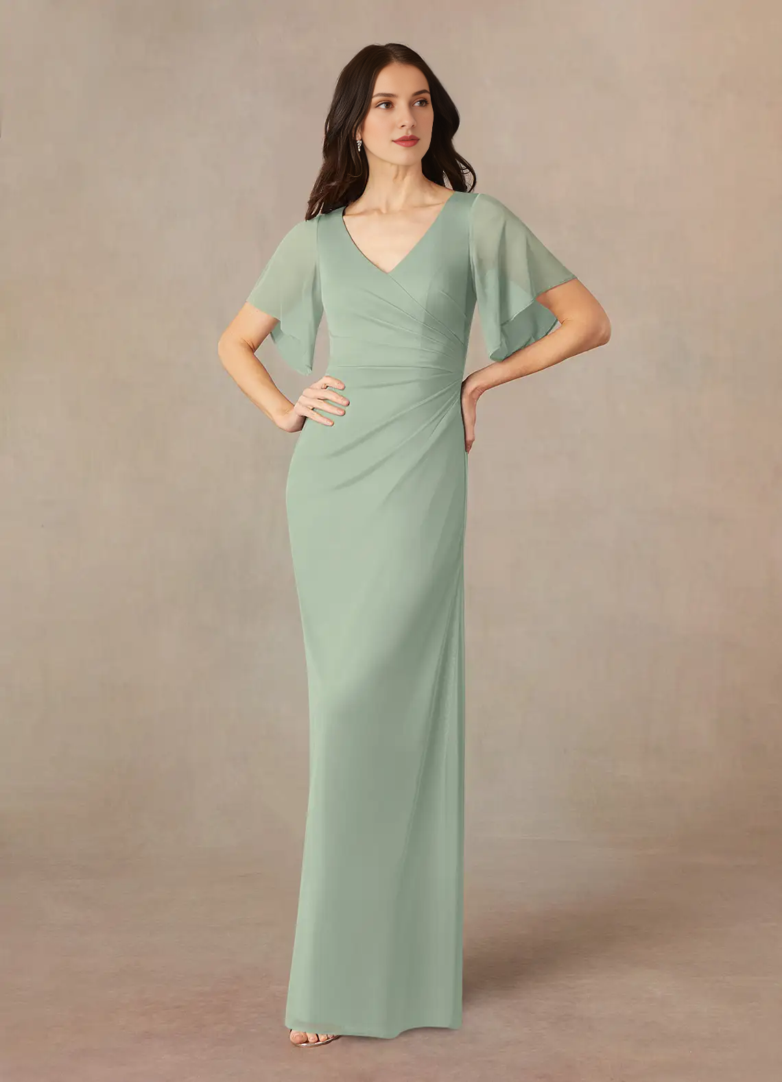 A-line V-neck pleated mesh and floor length mother of the bride dress