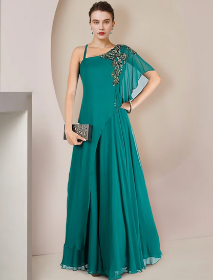 A-Line Mother of the Bride Dress Formal Wedding Guest Elegant One Shoulder Floor Length Chiffon Sleeveless with Pleats Appliques