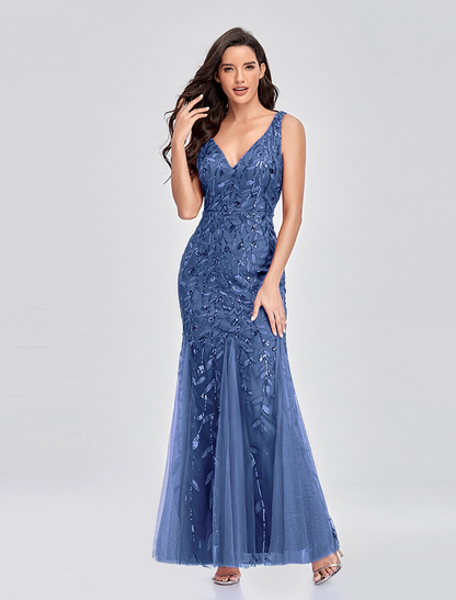 Empire Elegant Party Wear Formal Evening Valentine's Day Dress V Neck V Back Sleeveless Floor Length Tulle with Embroidery