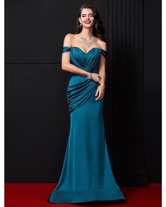 Sexy Evening Dress Engagement Sleeveless Off Shoulder Satin Chiffon with Ruched Draping