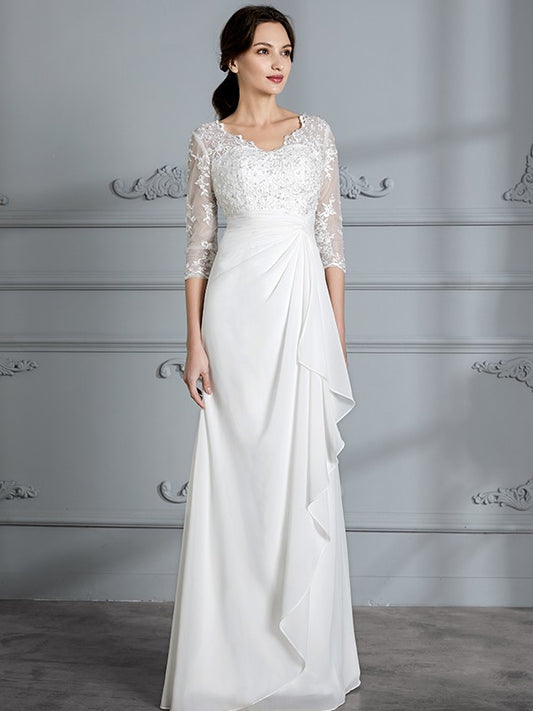 Sheath/Column V-neck 3/4 Sleeves Chiffon Floor-Length Wedding Dresses