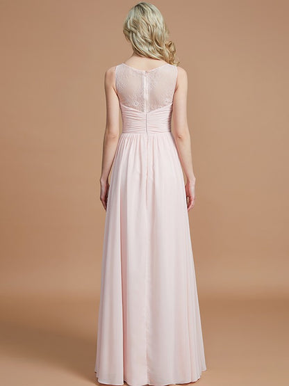 A-Line Bateau Sleeveless With Ruched Floor-Length Chiffon Bridesmaid Dresses