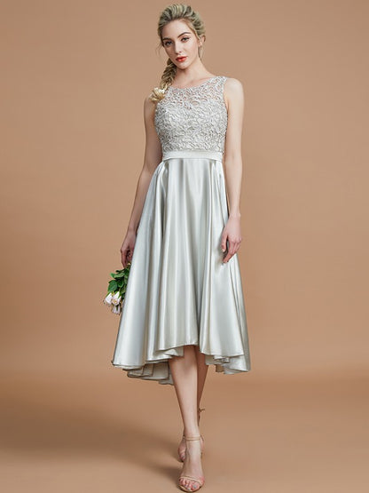 A-Line/Princess Bateau Sleeveless Ruffles Asymmetrical Silk like Satin Bridesmaid Dresses