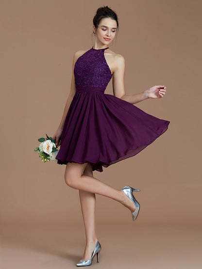 A-Line/Princess Halter Sleeveless Lace Short/Mini Chiffon Bridesmaid Dresses