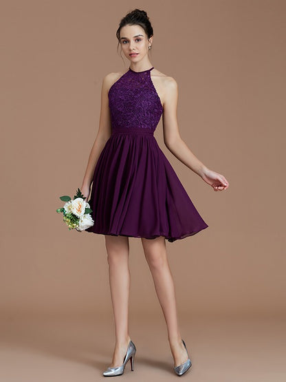 A-Line/Princess Halter Sleeveless Lace Short/Mini Chiffon Bridesmaid Dresses