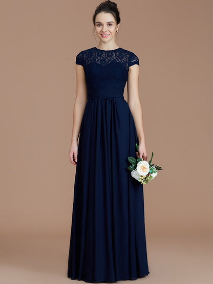 A-Line/Princess Jewel Short Sleeves Lace Floor-Length Chiffon Bridesmaid Dresses
