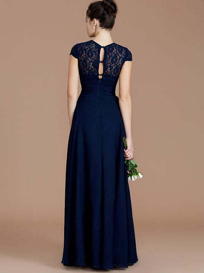 A-Line/Princess Jewel Short Sleeves Lace Floor-Length Chiffon Bridesmaid Dresses